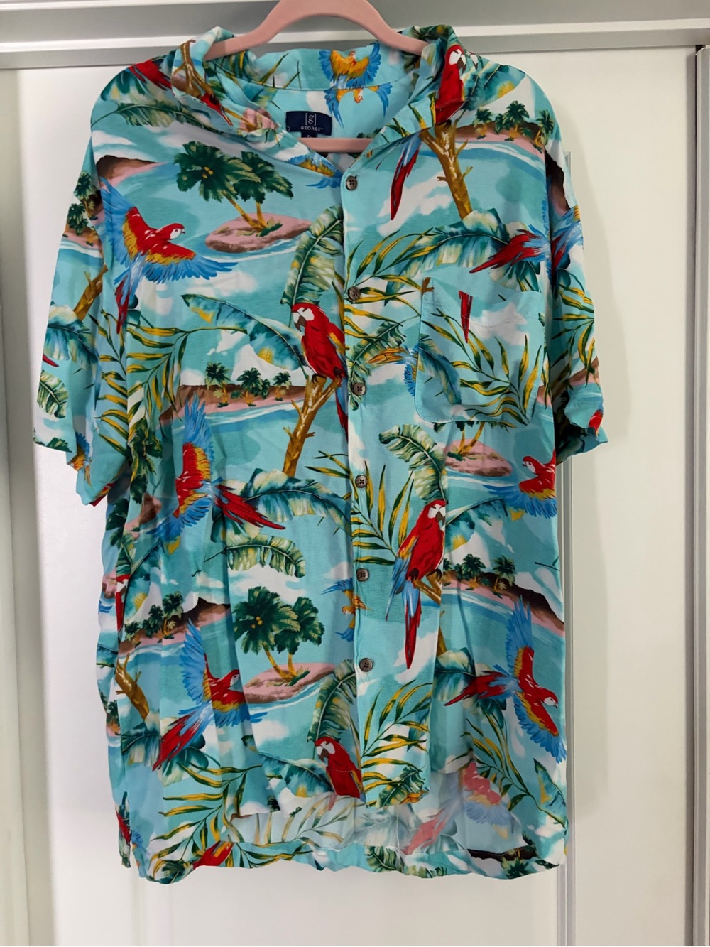 Tropical Parrot Print Button-Up Shirt - Turquoise & Red